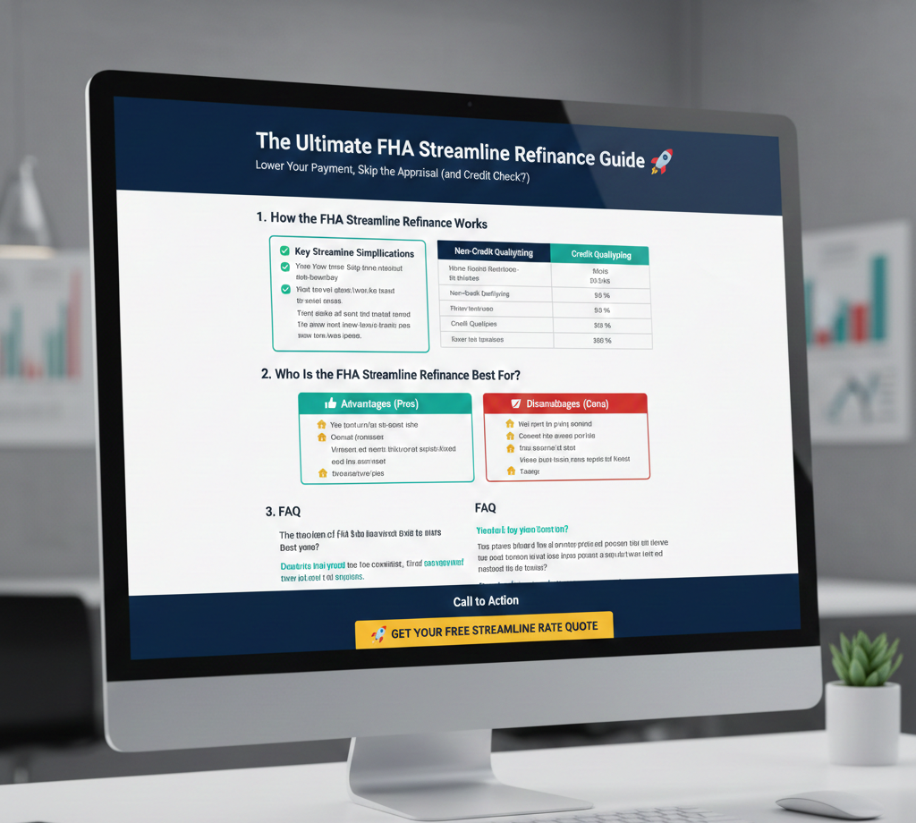 Jhenesis Mortgage Guide to FHA Streamline Refinance Infographic: Key simplifications, who it's for, advantages, disadvantages, and FAQs